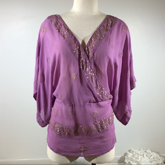 Lane Bryant Tops - Lane Bryant Top Purple Crepe Gold Print 100% Silk